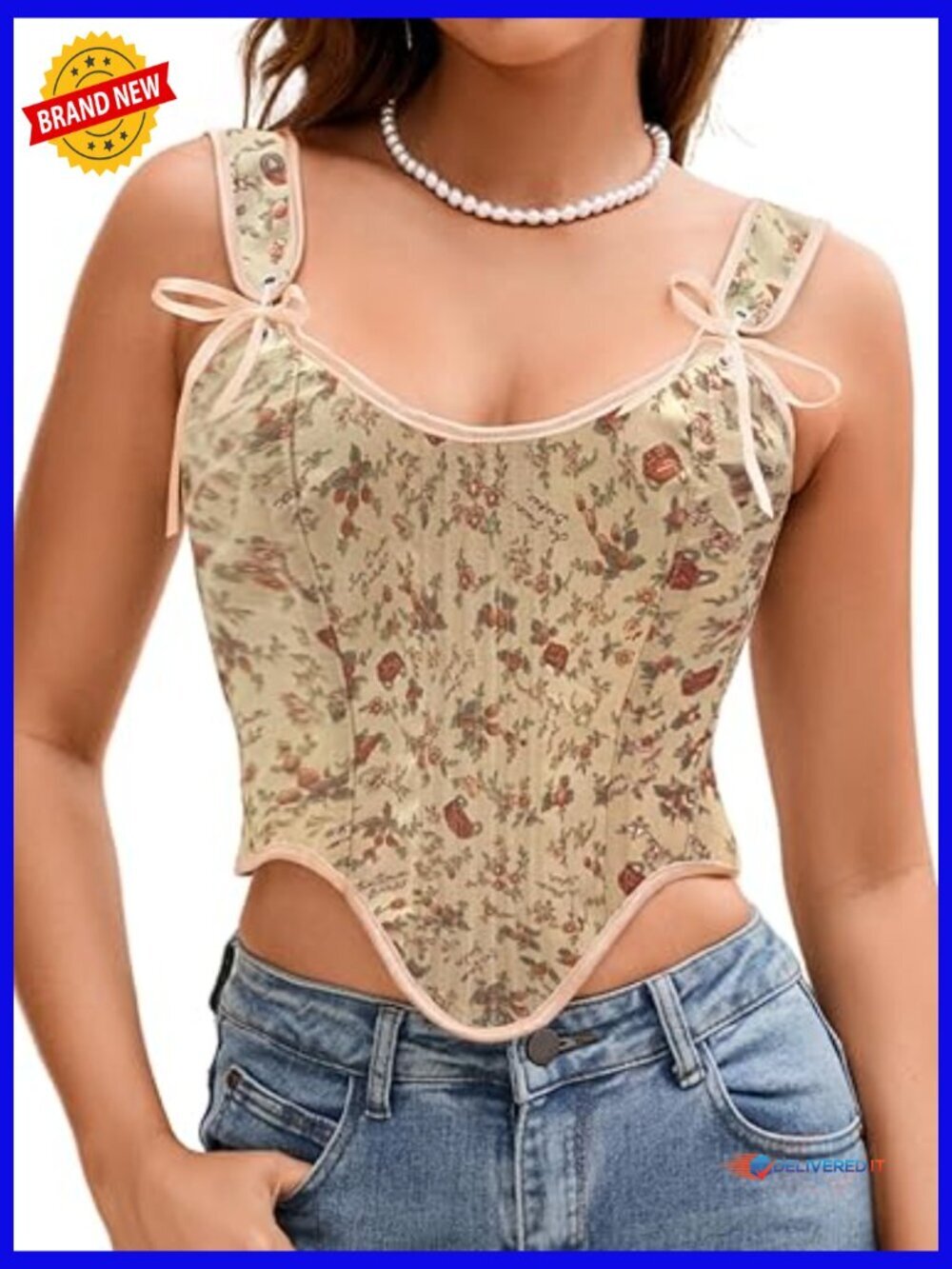 Cottagecore Corset Vest with Floral Pattern, Lace-Up Back, Adjustable Straps